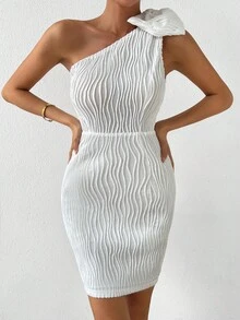 SHEIN Privé One Shoulder Bow Detail Bodycon Dress - White - View 3