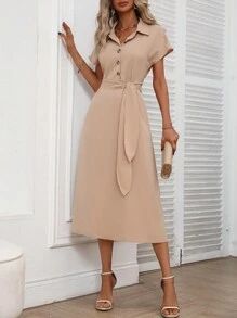 SHEIN Clasi Batwing Sleeve Knot Front Shirt Dress - Khaki - View 5