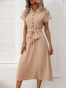 SHEIN Clasi Batwing Sleeve Knot Front Shirt Dress - Khaki - View 6