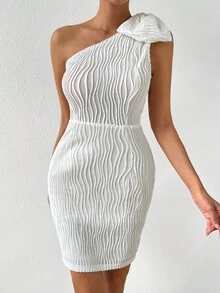 SHEIN Privé One Shoulder Bow Detail Bodycon Dress - White - View 5