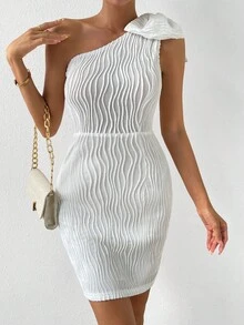 SHEIN Privé One Shoulder Bow Detail Bodycon Dress - White - View 6
