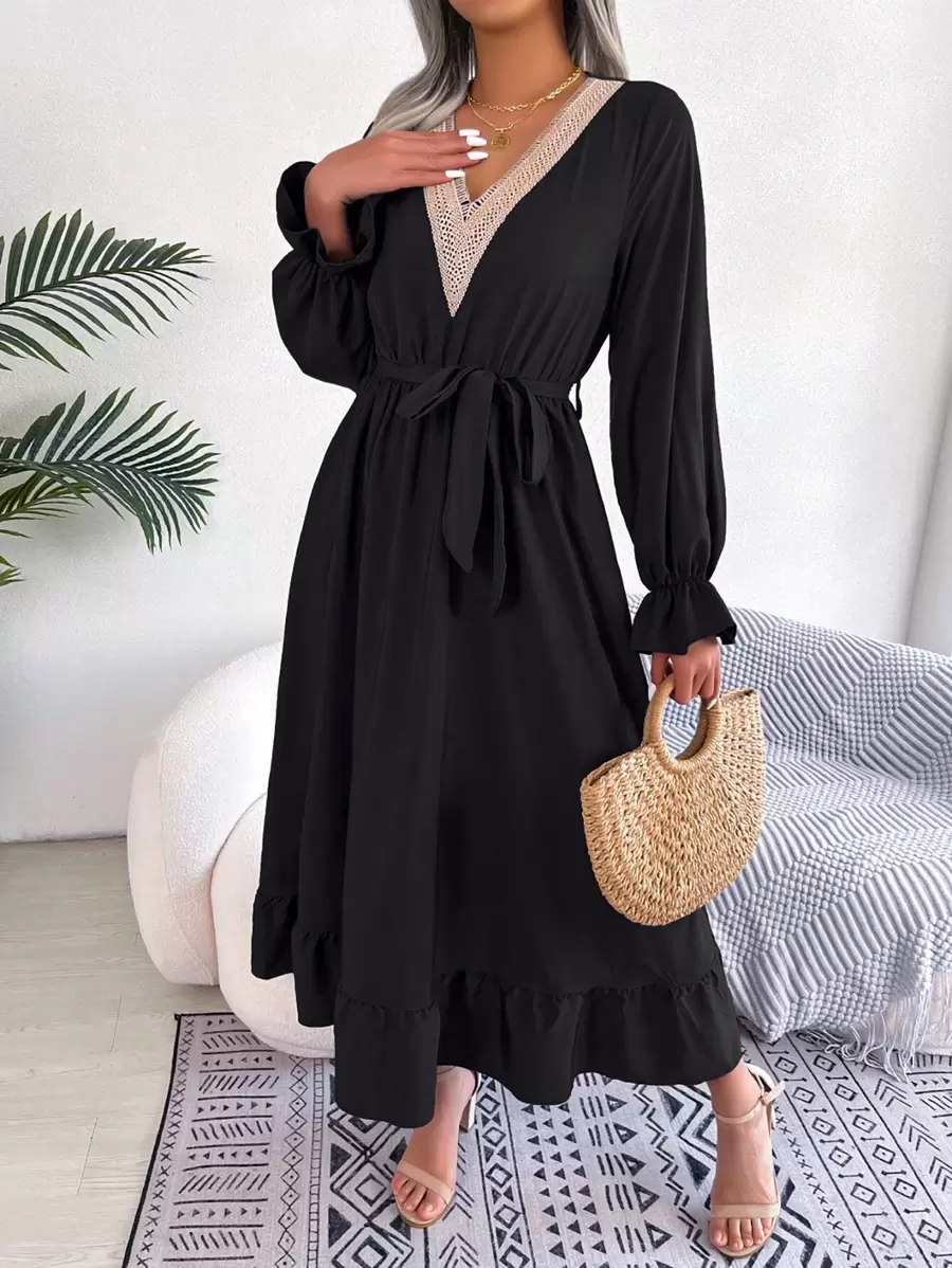 Guipure Lace Insert Flare Sleeve Ruffle Hem Belted Dress - Black - View 1