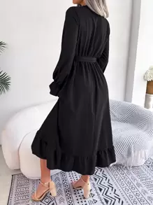 Guipure Lace Insert Flare Sleeve Ruffle Hem Belted Dress - Black - View 2