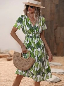 SHEIN VCAY 熱帶圖案交疊領A字洋裝 - 綠色 - 查看 6