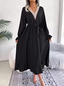 Guipure Lace Insert Flare Sleeve Ruffle Hem Belted Dress - Black - View 4