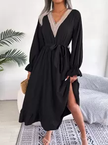 Guipure Lace Insert Flare Sleeve Ruffle Hem Belted Dress - Black - View 5