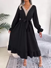 Guipure Lace Insert Flare Sleeve Ruffle Hem Belted Dress - Black - View 6