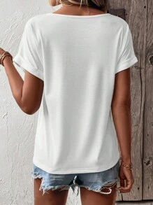 SHEIN LUNE Contrast Lace Batwing Sleeve Tee - White - View 2