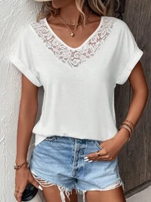 SHEIN LUNE Contrast Lace Batwing Sleeve Tee - White - View 4