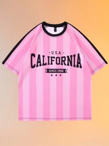 ROMWE MEN Prep Guys Letter Graphic Striped Tee - Pink - View 1