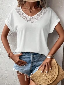 SHEIN LUNE Contrast Lace Batwing Sleeve Tee - White - View 6