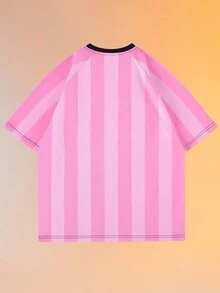 ROMWE MEN Prep Guys Letter Graphic Striped Tee - Pink - View 2