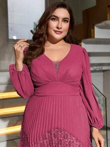 大碼蕾絲拼接燈籠袖百褶下擺雪紡伴娘洋裝 - 玫紅色 - 查看 5