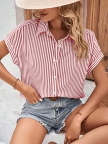 Breezaya Áo sơ mi nữ Nút phía trước Sọc Giải trí - Đỏ và trắng - Xem 1
