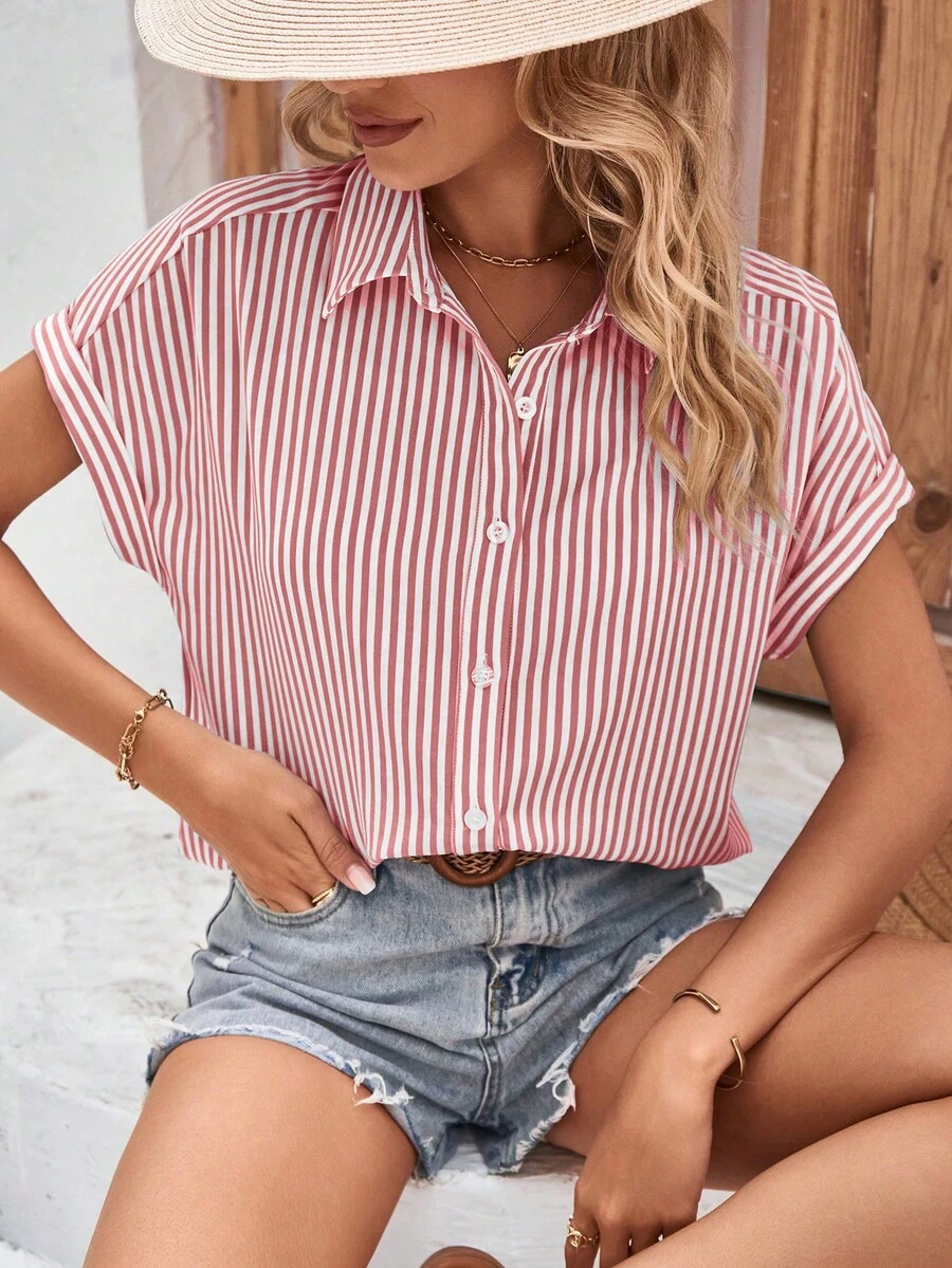 Breezaya Áo sơ mi nữ Nút phía trước Sọc Giải trí - Đỏ và trắng - Xem 1