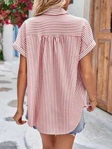 Breezaya Áo sơ mi nữ Nút phía trước Sọc Giải trí - Đỏ và trắng - Xem 2