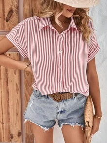 Breezaya Áo sơ mi nữ Nút phía trước Sọc Giải trí - Đỏ và trắng - Xem 3