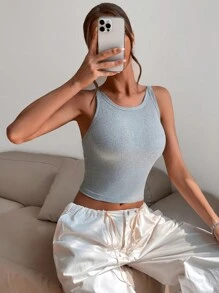 SHEIN Essnce Solid Crop Tank Top - Light Grey - View 5
