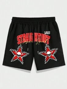 ROMWE MEN Street Life Guys Skull Star & Letter Graphic Drawstring Waist Shorts - Black - View 1