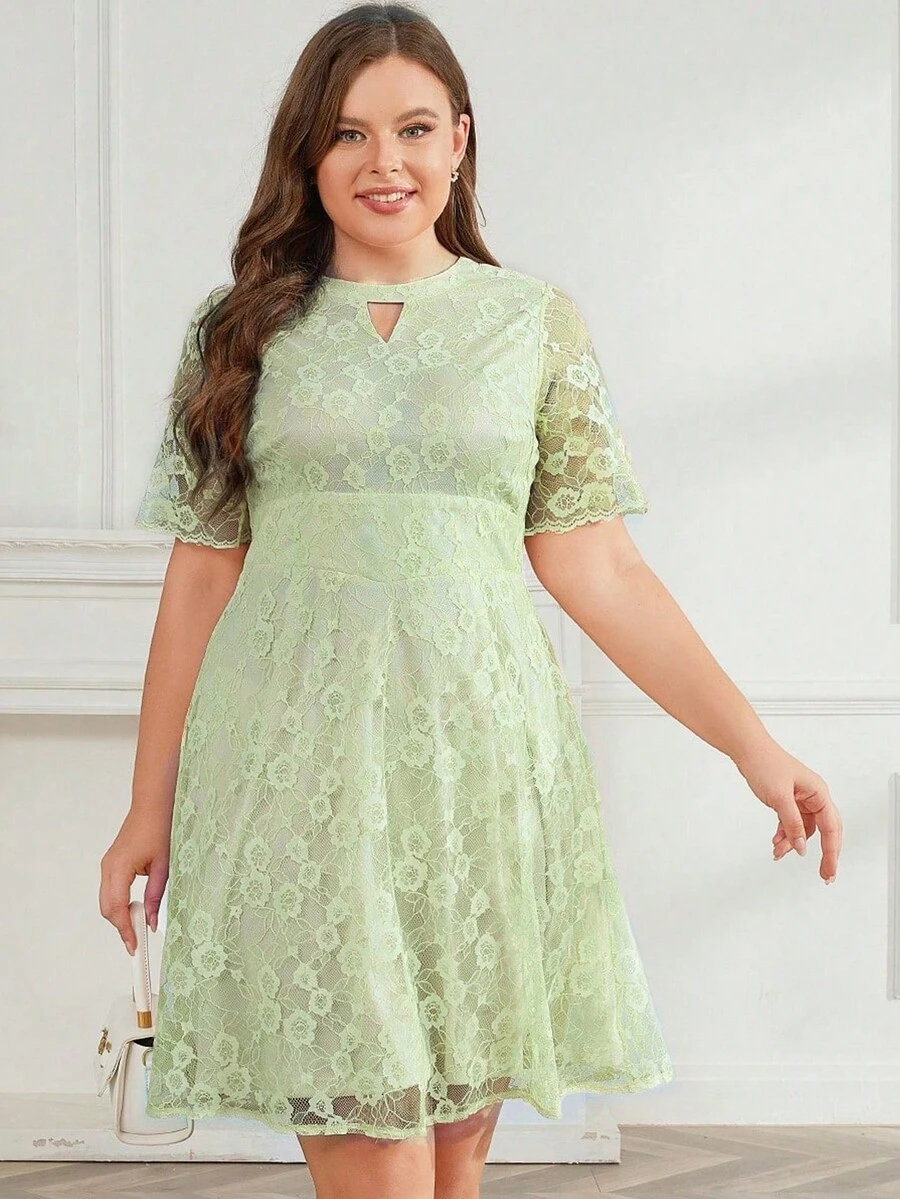 Đầm Plus Size Tương phản ren Cắt ra Hoa Thanh lịch - màu xanh lá - Xem 1