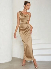 Asymmetrical Neck Ruched Side Draped Front Satin Bridesmaid Dress