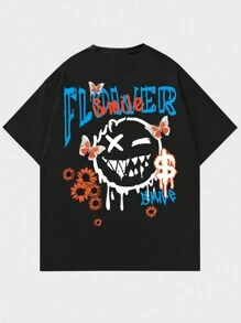 ROMWE MEN Street Life Guys Cartoon & Letter Graphic Tee - Black - View 1