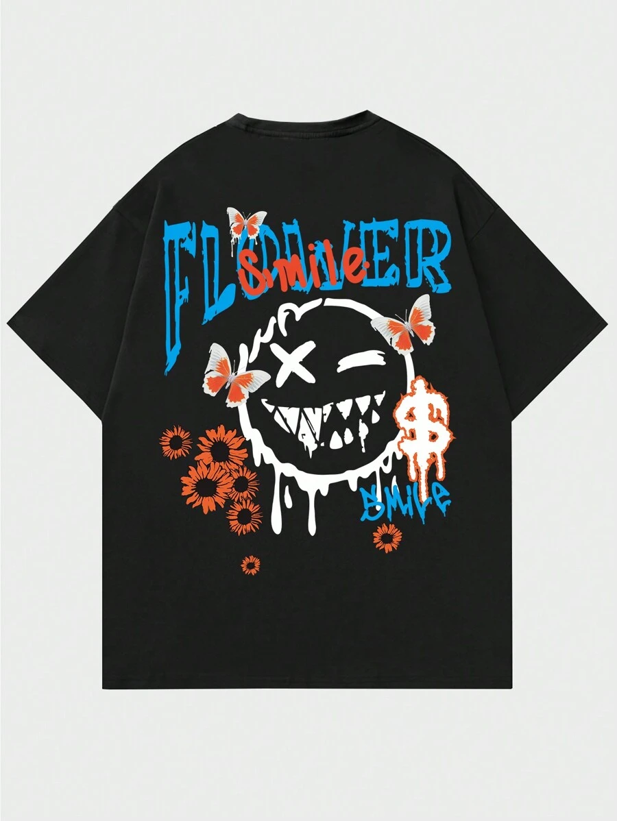 ROMWE MEN Street Life Guys Cartoon & Letter Graphic Tee - Black - View 1