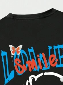 ROMWE MEN Street Life Guys Cartoon & Letter Graphic Tee - Black - View 4