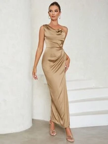 Asymmetrical Neck Ruched Side Draped Front Satin Bridesmaid Dress