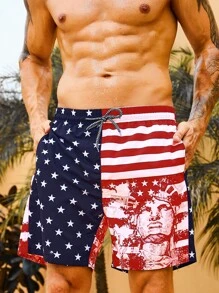 Surfspeed Men Flag Print Drawstring Waist Swim Trunks - Multicolor - View 1