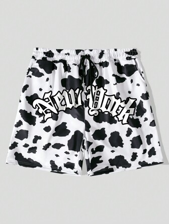 Street Life Guys Cow & Letter Graphic Drawstring Waist Shorts