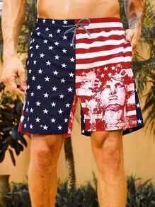 Surfspeed Men Flag Print Drawstring Waist Swim Trunks - Multicolor - View 3