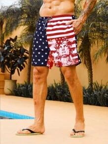 Surfspeed Men Flag Print Drawstring Waist Swim Trunks - Multicolor - View 4