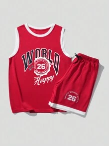 ROMWE MEN Prep Bộ đồ thể thao trang trí tương phản hình chữ cái cho chàng trai, bộ đồ thể thao, bộ đồ tập thể dục - Đỏ - Xem 1