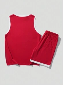 ROMWE MEN Prep Bộ đồ thể thao trang trí tương phản hình chữ cái cho chàng trai, bộ đồ thể thao, bộ đồ tập thể dục - Đỏ - Xem 2