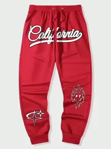 ROMWE MEN Street Life Men Letter Cartoon Face Graphic Drawstring Waist Sweatpants - Red - View 1