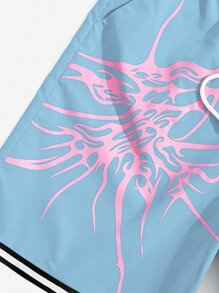 ROMWE MEN Prep Men Letter Graphic Contrast Trim Drawstring Waist Basketball Shorts, School - Baby Blue - View 3