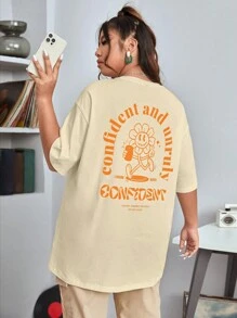 SHEIN EZwear Áo thun Plus size Hoạt hình Slogan Giải trí - Màu be - Xem 1