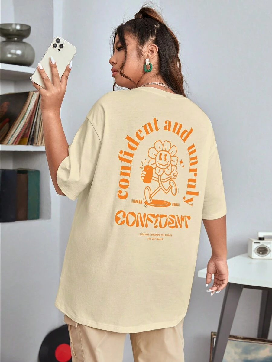 SHEIN EZwear Áo thun Plus size Hoạt hình Slogan Giải trí - Màu be - Xem 1