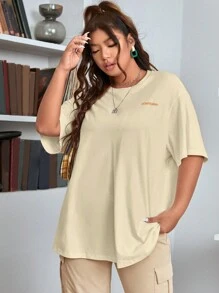 SHEIN EZwear Áo thun Plus size Hoạt hình Slogan Giải trí - Màu be - Xem 2