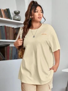 SHEIN EZwear Áo thun Plus size Hoạt hình Slogan Giải trí - Màu be - Xem 3