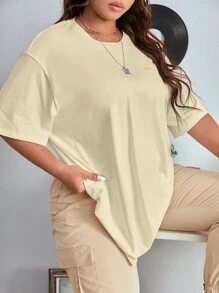 SHEIN EZwear Áo thun Plus size Hoạt hình Slogan Giải trí - Màu be - Xem 4