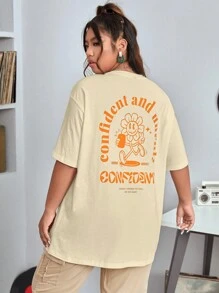 SHEIN EZwear Áo thun Plus size Hoạt hình Slogan Giải trí - Màu be - Xem 5