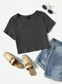 SHEIN EZwear Áo thun Plus size Gân đan màu trơn Giải trí - Màu xám đen - Xem 1