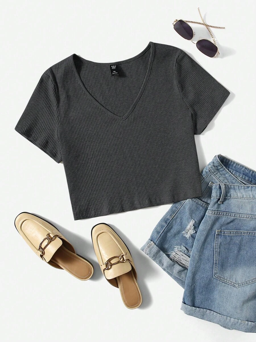 SHEIN EZwear Áo thun Plus size Gân đan màu trơn Giải trí - Màu xám đen - Xem 1