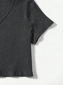 SHEIN EZwear Áo thun Plus size Gân đan màu trơn Giải trí - Màu xám đen - Xem 3