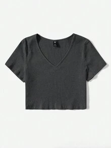 SHEIN EZwear Áo thun Plus size Gân đan màu trơn Giải trí - Màu xám đen - Xem 4