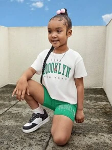 SHEIN 年輕女孩字母圖形掉肩t恤和摩托車短褲