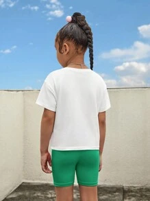 SHEIN 年輕女孩字母圖形掉肩t恤和摩托車短褲