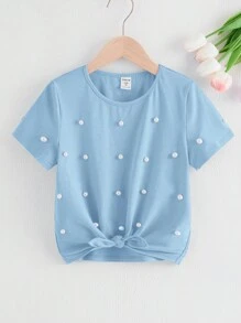 SHEIN Tween Girl Solid Color Casual Round Neck Short Sleeve T-Shirt With Pearl Decor And Knot Detail - Baby Blue - View 1